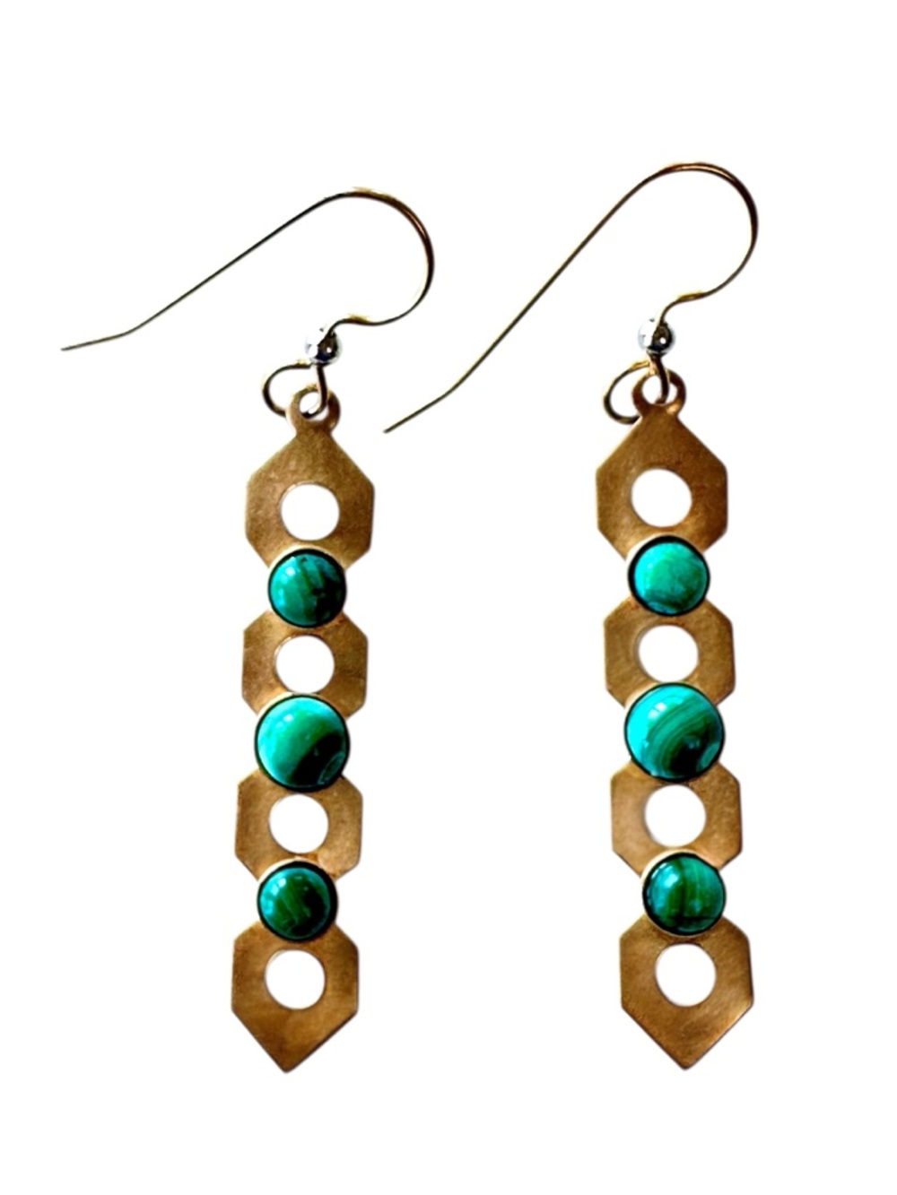 Brass and Malachite Geometric Pierced Dangle Earrings Set in Hexagonal Frames